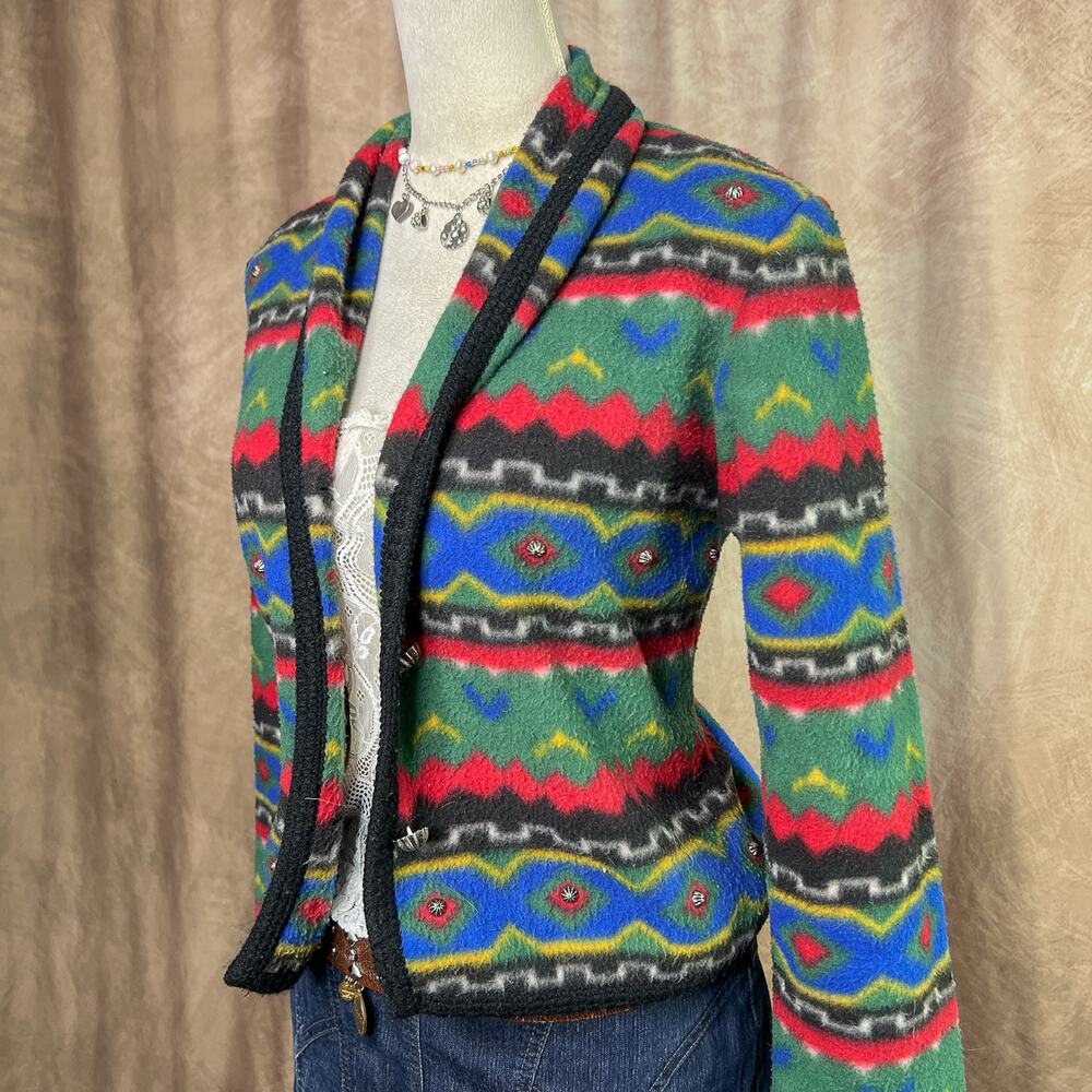 Vintage 90s Southwestern Fleece Jacket Aztec Print Multicolor Button Up Bohemian